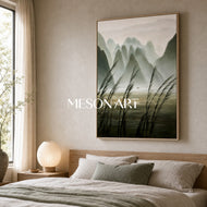 Sand Trace — Misty Green Mountain Landscape Wall Art