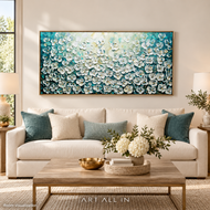 Teal Blossom — White Floral Textured Wall Art