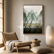 Sand Trace — Misty Green Mountain Landscape Wall Art