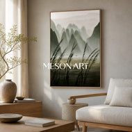 Sand Trace — Misty Green Mountain Landscape Wall Art