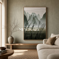 Sand Trace — Misty Green Mountain Landscape Wall Art