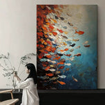 Dynamic Impasto Fish School Painting | High Contrast Orange & Blue Vortex Art | Textured Marine Expressionist Canvas - Custom Frame Options