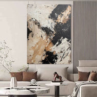 Dynamic Abstract Expressionist Painting | High Contrast Black, White & Khaki Art | Action Painting Splatter Canvas - Custom Frame Options