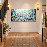 Teal Blossom — White Floral Textured Wall Art