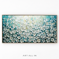Teal Blossom — White Floral Textured Wall Art