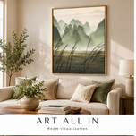 Sand Trace — Misty Green Mountain Landscape Wall Art